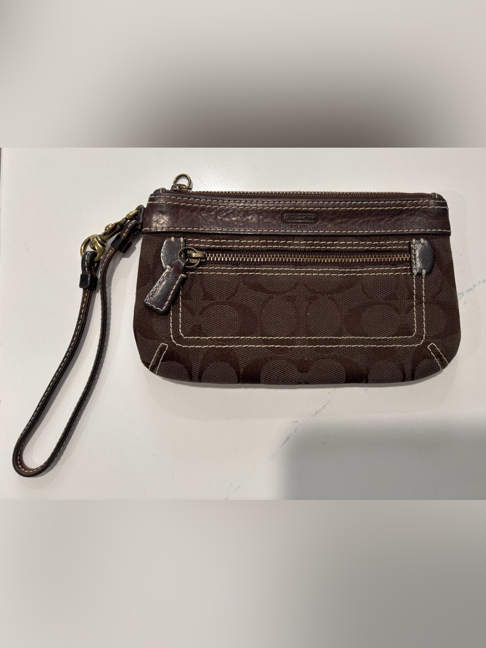 Coach Vintage Signature C Brown Signature Wristlet Pouch with Leather Trim